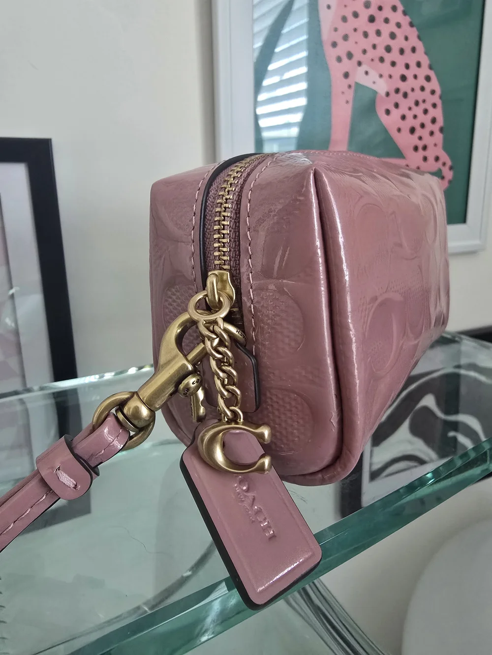 Authentic Coach Pink Leather Cosmetic Pouch With Charm